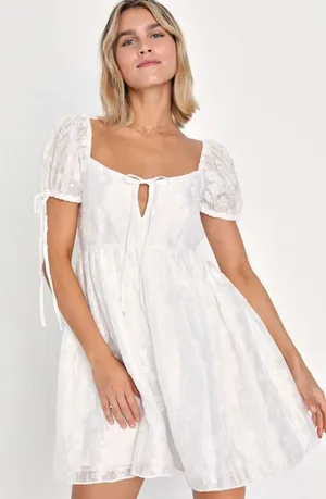 NWT Lulus Exceptionally Angelic White Floral Puff Sleeve Mini Dress Summer Sze M thumbnail 1