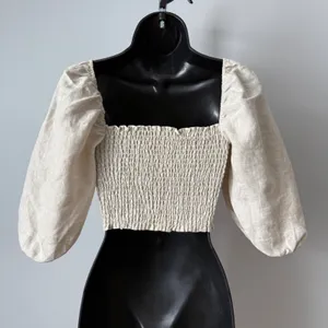 Reformation sz 2 Beige 100% Linen Smocked Puff Sleeve Crop‎ Top Blouse Cottage thumbnail 4