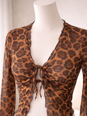 Leopard Print Mesh Tie Front Top Brown Black Ruffle Bell Sleeve Y2K Coquette thumbnail 1