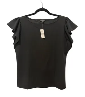 Ann Taylor Factory Black Flutter Sleeve Boat Neck Blouse Top Womens L thumbnail 1