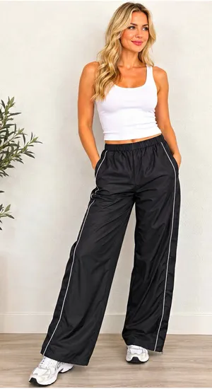 SHEIN Women's Black Wide-Leg Track Pants Relaxed Fit White Piping Pockets thumbnail 1