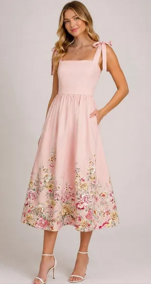 Joie Pink Floral Tie Strap Midi Dress Cottagecore Prairie L thumbnail 1