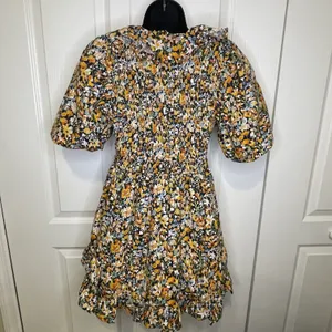 NWT Plunge Smocked Cotton Floral Mini Dress Yellow Black Blue XS thumbnail 7