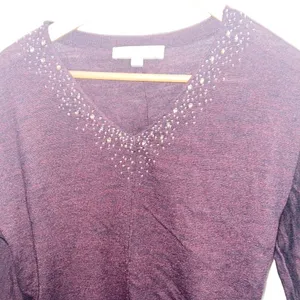 Loft Lightweight Maroon Beaded Long Sleeve Acrylic And Wool Blend V Neck Top thumbnail 3