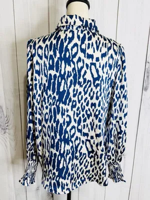 Entro Abstract Button Down Satin Top Smocked Cuff Ruffle Sz L Blue Ivory NWOT thumbnail 5