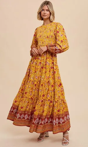 Arabella Border Print Tiered Floral Maxi Dress in Earthen thumbnail 1