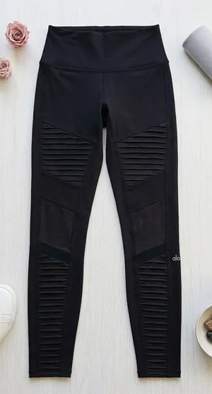 Alo Yoga Black Moto High Waisted Leggings Ribbed Mesh‎ Mixed Matte Shine S thumbnail 1