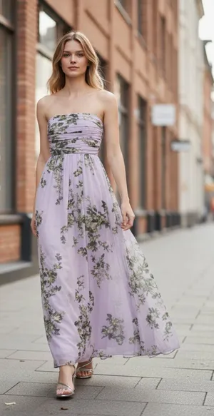 New $220 White House Black Market Floral Lilac Strapless Chiffon Maxi Dress thumbnail 1
