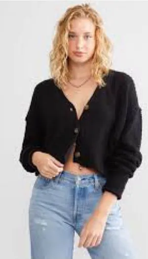 Free People Fuzzy Cropped Cardigan M/L Eyelash Knit Button Front Sweater thumbnail 1