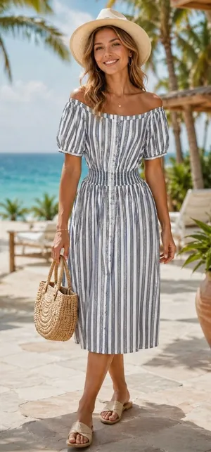 Anthropologie SEEN WORN KEPT Jenna Lurex Stripe Dress Blue White‎ Midi Size 12 thumbnail 1