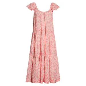 THE GREAT. The Plumeria Cotton Midi Dress Pink Floral Tiered Size 3 Large L thumbnail 6
