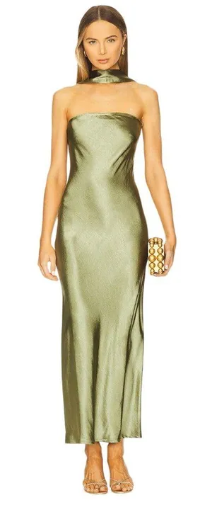 SNDYS Angelina Neck Tie Maxi Dress in Olive XXSmall as-is Womens Satin Long Gown thumbnail 1