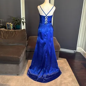 Women’s Blue Full Length Prom Dress CrissCross Straps Leg Slit Size 6 *READ thumbnail 4