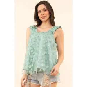 XL Blue Velvet NWT Floral Ruffle Green Top thumbnail 4