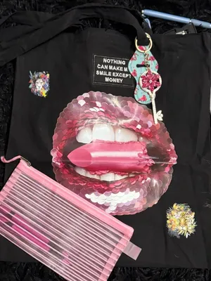 Pink lips black handmade‎ tote bag thumbnail 1
