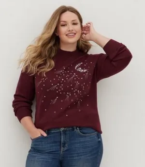 Torrid Burgundy Maroon Silver Sequin Moon Mock Neck Sweater 1X thumbnail 1