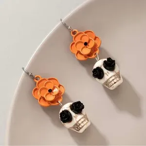 Skull Orange Flower Black Rose Eyes Drop Dangle‎ Earrings Faux Fashion Jewelry thumbnail 2