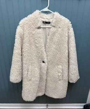 ZARA Teddy Coat Cream Sherpa‎ Fleece Button Front Oversized Jacket Women M thumbnail 1