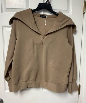 Sailor-Collar Half-Zip Hoodie in Tan thumbnail 1