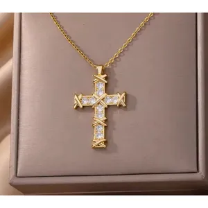 NEW Unisex 18k Gold Filled Plated Simulated‎ Diamond Cross Necklace, 16-18” thumbnail 7