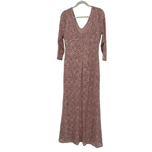 Marina Womens Pink Sequin Lace V-Neck Long Sleeve Maxi Gown Dress Size 14‎ thumbnail 2