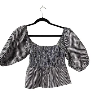 Sim & Sam‎ Navy Blue Striped Smocked Square Neck Puff Sleeve Top Blouse Preppy thumbnail 2