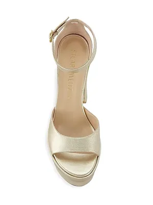 STUART WEITZMAN Skyhigh 145 Gold Metallic Leather Platform Sandals Block Heels thumbnail 2