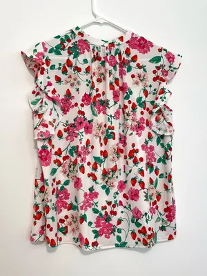 ANN TAYLOR Floral Mixed Media Ruffle Sleeve Tie Neck Shell Top White Strawberry thumbnail 14