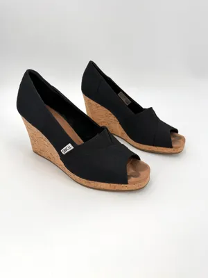Toms Sandals Women’s 10M Black Classic Wedge Espadrille Cork Peep Toe Slip On thumbnail 2