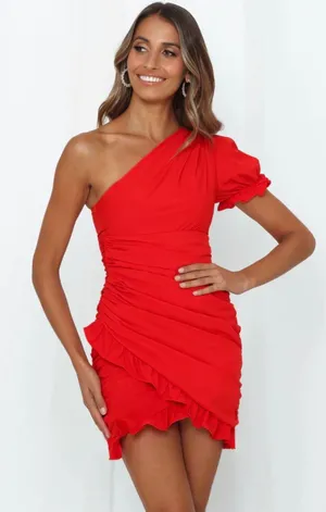 Hello Molly Red Ruffle One Shoulder Dress thumbnail 1