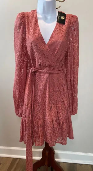 A Calin by Flying Tomato Lace Ruffle Puff Sleeve Dress Size L Mauve New With Tag thumbnail 1