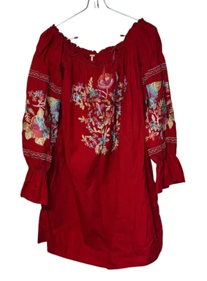 Free People Womens Dress Fleur Du Jour Embroidered Mini Off Shoulder Red Small thumbnail 1