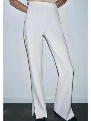 Zara High-Waist Pressed Pleated White Cream Wide-Leg Side Vents Pants Sz XS thumbnail 2