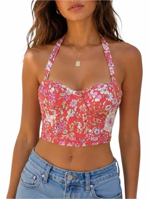 BOG Collective Floral Halter Bustier Crop‎ Top Boho Festival Pink Size Medium thumbnail 1