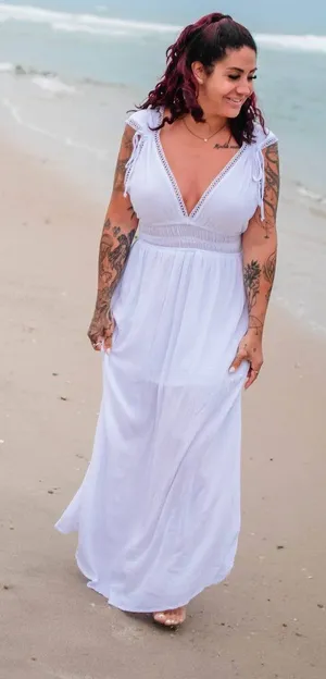Womens Medium White Open Back Flowy Long Maxi Summer Beach Dress Solid V Neck thumbnail 1