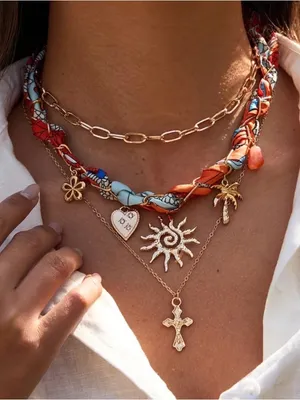 ☀️BOGOHO☀️Layered Sun & Cross Necklace Set with Orange & Blue Scarf Accent thumbnail 1