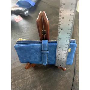 Friend Blue Faux Suede Long Bifold Wallet Gold Tone Hardware Zipper Pocket thumbnail 6