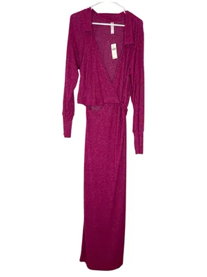 NWT Anthropologie Daily Practice Magenta Ribbed Collared Maxi Wrap dress thumbnail 3