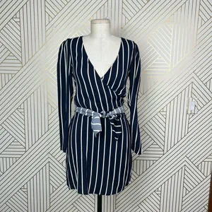 Reformation Zircon Wrap Mini Dress Navy Blue Capone Stripes Size‎ US 0 thumbnail 3