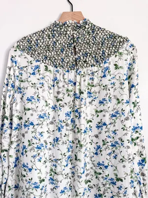 Zara White Blue Floral Smocked High Neck Maxi Dress Size S thumbnail 7
