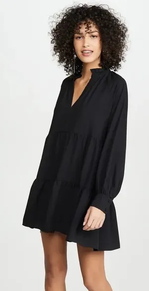 Amanda Uprichard Saffron Dress Black Tiered V neck Size M LIKE NEW! thumbnail 1