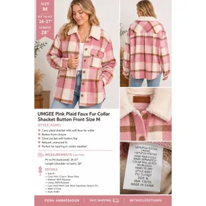 Umgee Pink Plaid Faux Fur Collar Shacket Button Front Jacket A0451 Womens Medium thumbnail 2