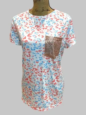 Leopard Print White, Orange, and Blue Shirt with Sequin Glitter Pocket thumbnail 1