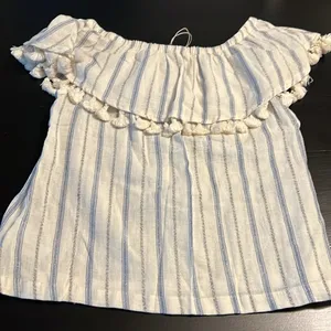 Artisan NY Women Striped Off The Shoulder Tassel Ruffle Top Blue White Small NWT thumbnail 4