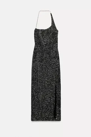 Zara dress maxi Black Sequin Halter party cocktail night out evening date thumbnail 8