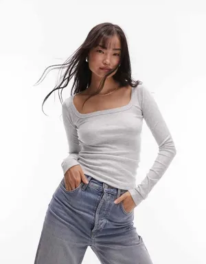 Topshop Women’s square neck ribbed long sleeve top in gray heather thumbnail 1