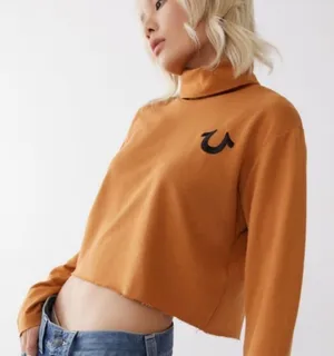 True Religion Turtleneck Raw Hem Gold Crop Top size‎ Medium thumbnail 1