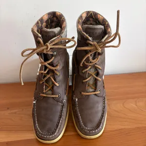 Sperry Top-Sider Brown Leather Canvas Plaid Lined Mid Calf Boots Size 7M thumbnail 3