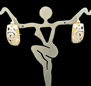 Sterling Silver .925 Gold Plated Swirl Cuff Wide Hoop Dangle Pair Earrings thumbnail 1