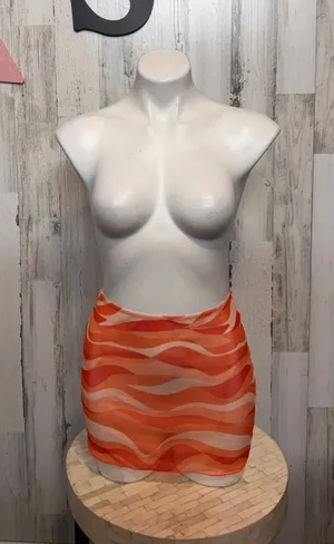 SheIn Retro Wave Sheer Mesh Mini Skirt Swim Cover Up Womens XS Orange Swirl thumbnail 1